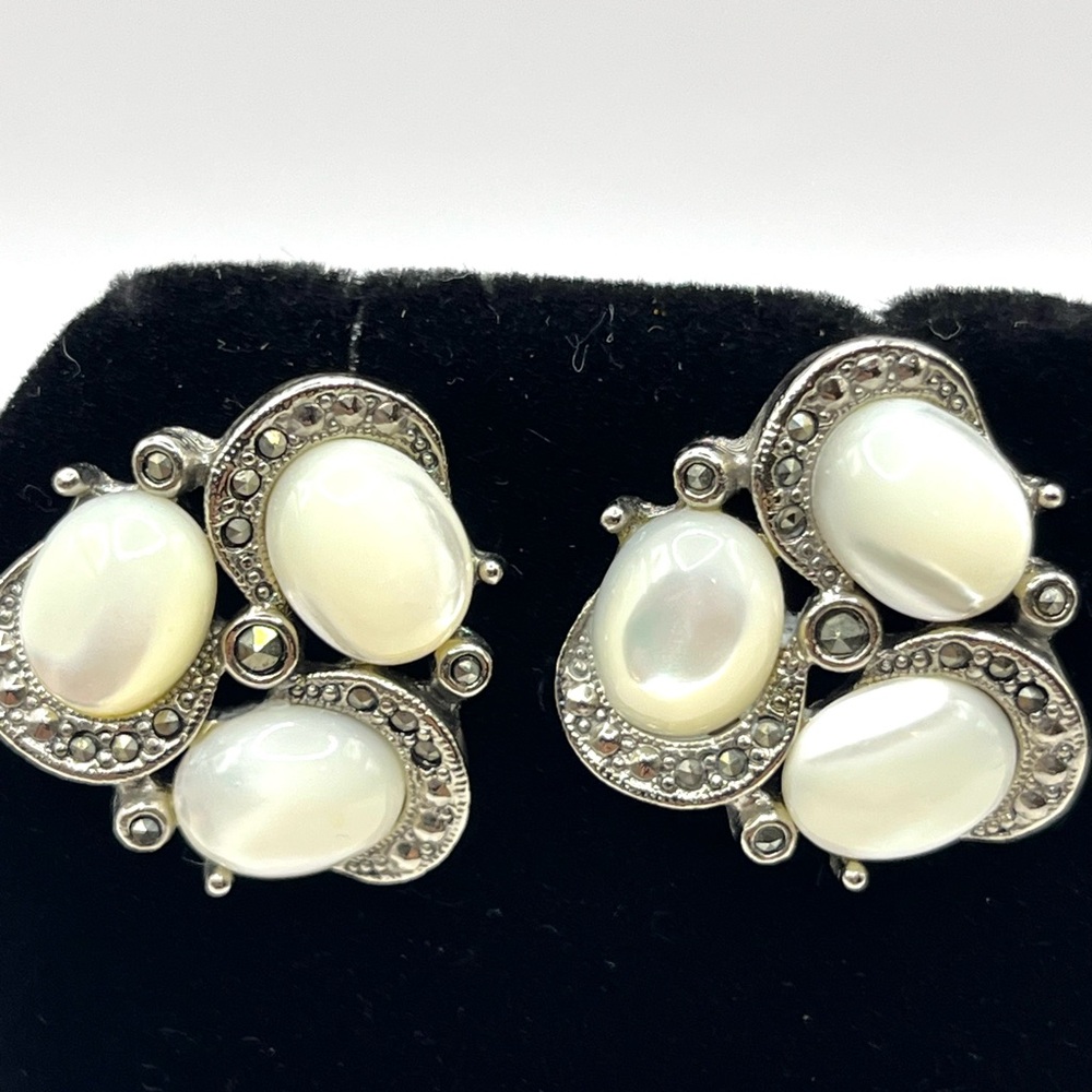 Vintage 1928 Brand White Moonglow Cabochon and Marcasite Silver Tone Earrings